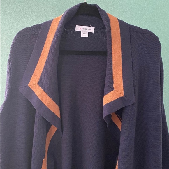 Liz Claiborne Open Front Long Cardigan Sweater Navy Tan Trim XXL Soft Knit Drape - Picture 2 of 5